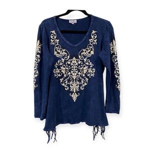 Cover Charge Sequin Rhinestone Design Fringe Hem Long Sleeve Top Dark Blue Med